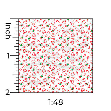 white candy cane hearts miniature dollhouse wallpaper shown with a ruler in 1:48 scale #color_white
