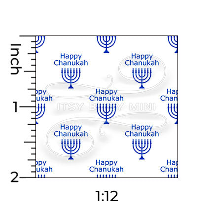 blue happy chanukah menorah peel-and-stick miniature dollhouse wallpaper shown with a ruler in 1:12 scale
