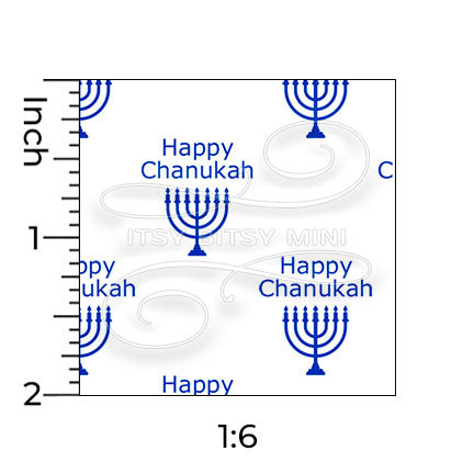 blue happy chanukah menorah peel-and-stick miniature dollhouse wallpaper shown with a ruler in 1:6 scale