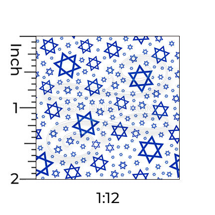 blue jewish star of david chanukah miniature dollhouse wallpaper shown with a ruler in 1:12 scale