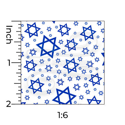blue jewish star of david chanukah miniature dollhouse wallpaper shown with a ruler in 1:6 scale
