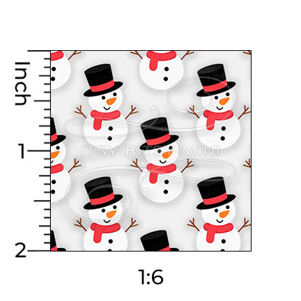1:6 scale snowman dollhouse wallpaper pattern on a light gray background, shown with inch ruler snowmen are white with black top hats red scarves and orange #color_lightgray