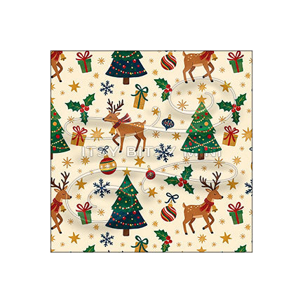beige Christmas reindeer and trees peel-and-stick miniature dollhouse wallpaper in 1:12 scale