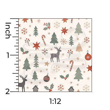beige christmas forest miniature dollhouse wallpaper shown with a ruler in 1:12 scale #color_seashell