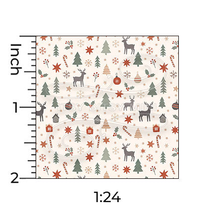 beige christmas forest miniature dollhouse wallpaper shown with a ruler in 1:24 scale #color_seashell