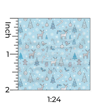 light blue Christmas forest miniature dollhouse wallpaper shown with a ruler in 1:24 scale #color_lightblue