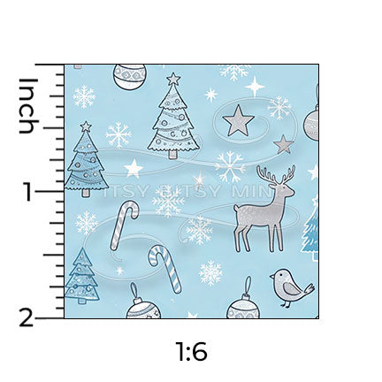 light blue Christmas forest miniature dollhouse wallpaper shown with a ruler in 1:6 scale #color_lightblue