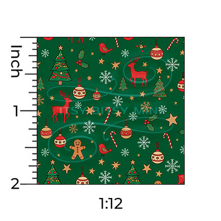 dark green Christmas forest miniature dollhouse wallpaper shown with a ruler in 1:12 scale #color_darkgreen