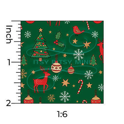dark green Christmas forest miniature dollhouse wallpaper shown with a ruler in 1:6 scale #color_darkgreen