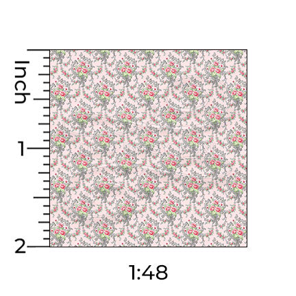 Brenda pink miniature dollhouse wallpaper shown with a ruler in 1:48 scale #color_pink