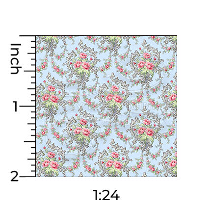 Brenda floral cornflower blue miniature dollhouse wallpaper shown with a ruler in 1:24 scale #color_cornflowerblue