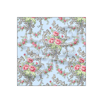 light blue Brenda floral peel-and-stick miniature dollhouse wallpaper in 1:12 scale