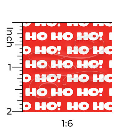 white Ho Ho Ho! Christmas greeting text on a red background miniature dollhouse wallpaper with a ruler in 1:6 scale