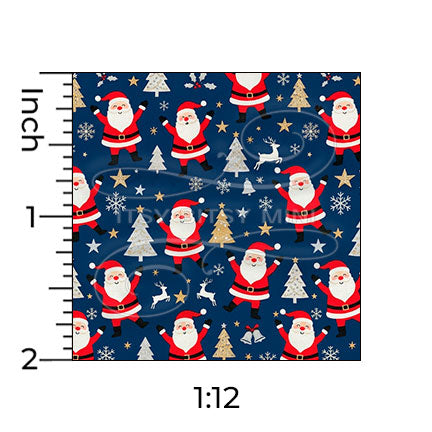 dark blue dancing Santa Claus miniature dollhouse wallpaper shown with a ruler in 1:12 scale #color_darkblue
