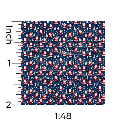 dark blue dancing Santa Claus miniature dollhouse wallpaper shown with a ruler in 1:48 scale #color_darkblue