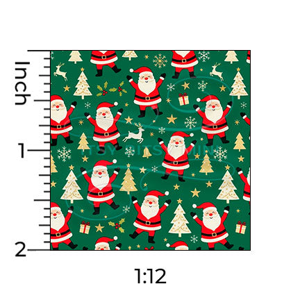 green dancing Santa Claus miniature dollhouse wallpaper shown with a ruler in 1:12 scale #color_green