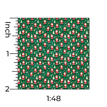 green dancing Santa Claus miniature dollhouse wallpaper shown with a ruler in 1:48 scale #color_green