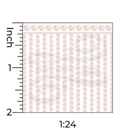 pink leaf stripe with border miniature dollhouse wallpaper shown with a ruler in 1:24 scale #color_pink