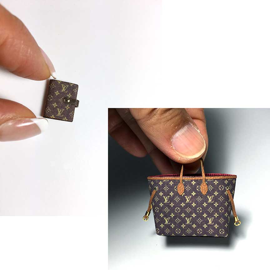 Brown Check Tote Handbag with Wallet Dollhouse Miniature