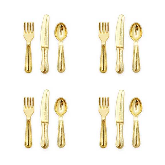 Modern Gold Flatware Spoon Fork Knife 4 Place Settings - Dollhouse Miniature - 1:12 Scale