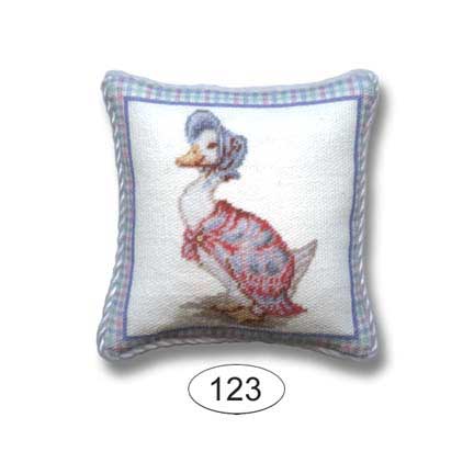 duck in blue bonnet and pink scarf dollhouse pillow