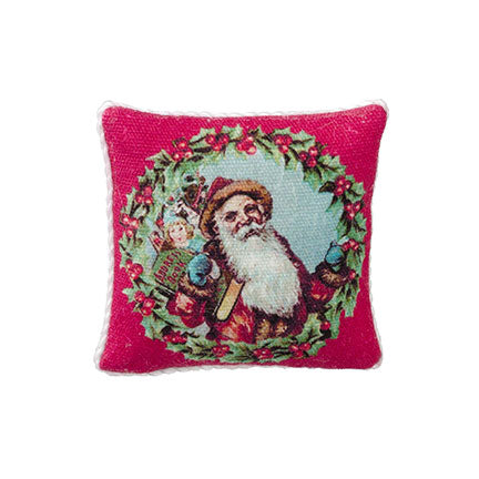 red santa framed by holly wreath dollhouse pillow