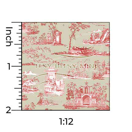 Oriental Toile Red on Dark Khaki - Rose Hill - Dollhouse Wallpaper