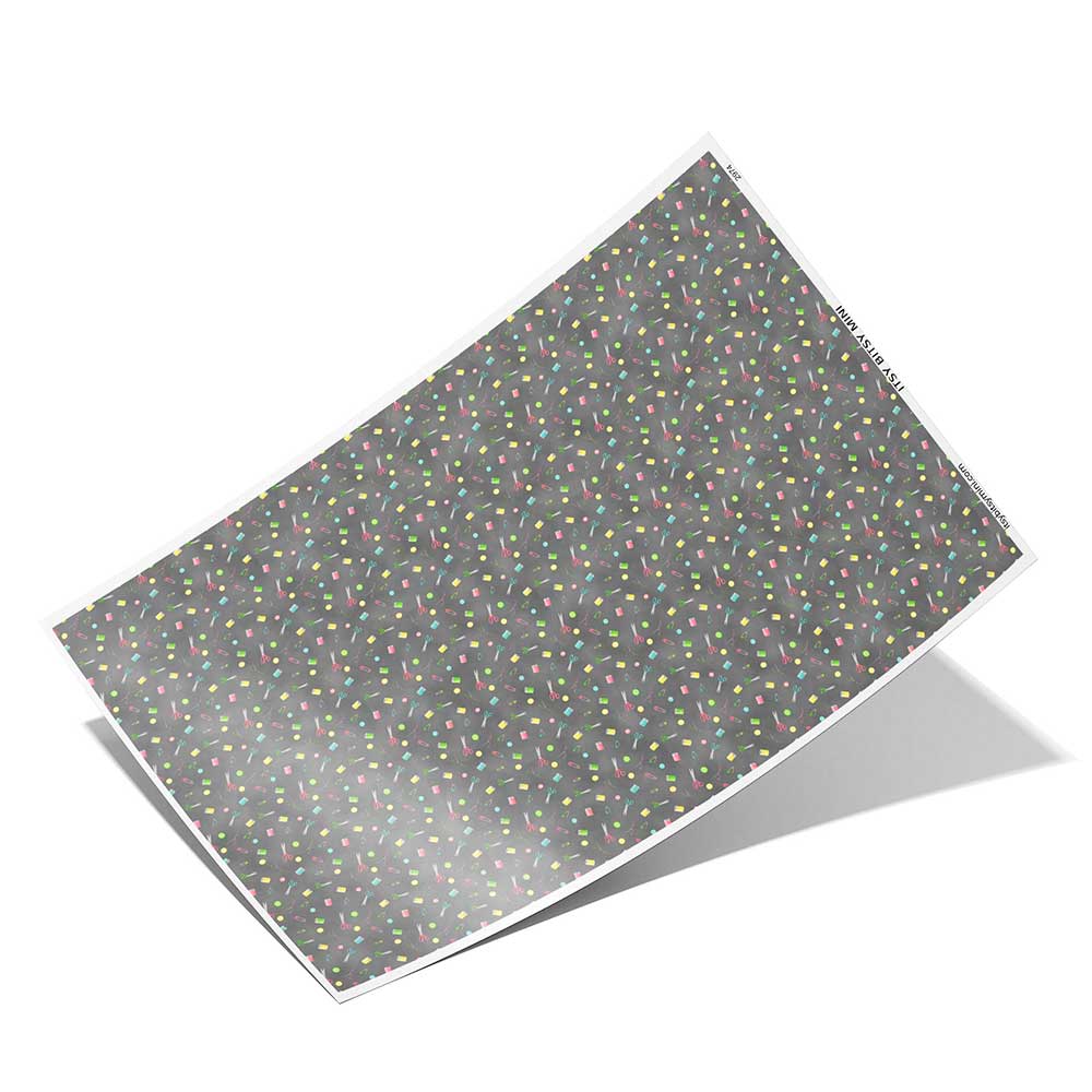 dark gray sewing notions toss full sheet dollhouse wallpaper by Itsy Bitsy Mini#color_black