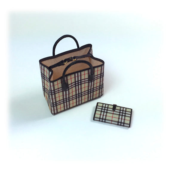Black and Yellow Plaid Handbag with Wallet - Dollhouse Miniature