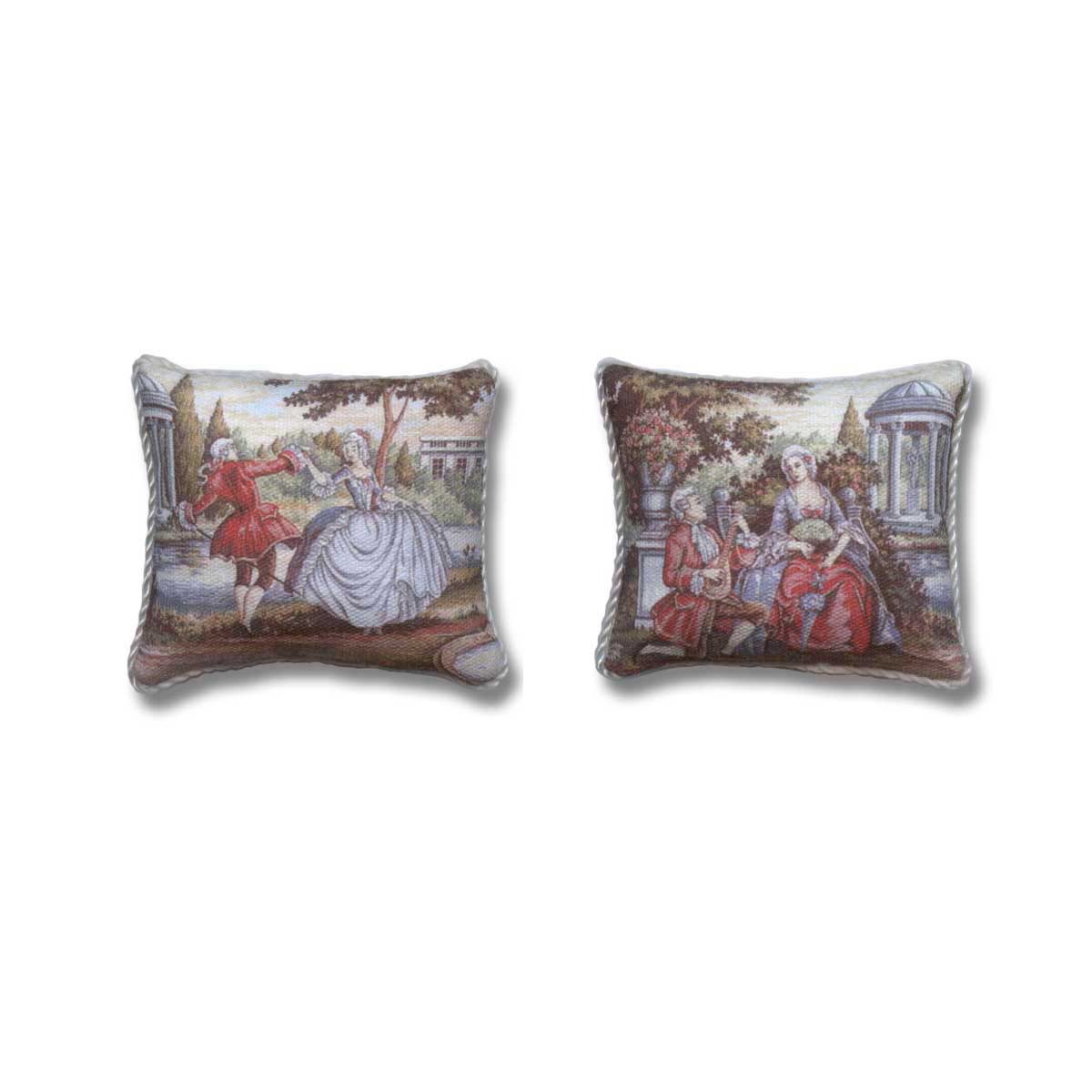 Two Matching Dollhouse Miniature Pillows with 18th century couples in garden scene.  One pillow with dancing couple and the other with man on bended knee serenading woman.