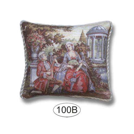 Dollhouse Miniature Pillow with 18th Century Couple in Formal Attire in Garden Scene. Man is on bended knee playing lute to seated woman.