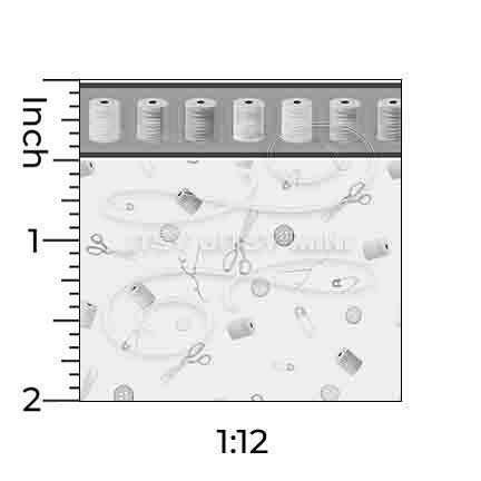 sewing notions toile dollhouse wallpaper with border with one inch scale ruler by Itsy Bitsy Mini