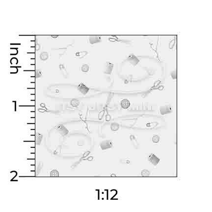 sewing notions toile dollhouse wallpaper with one inch scale ruler by Itsy Bitsy Mini