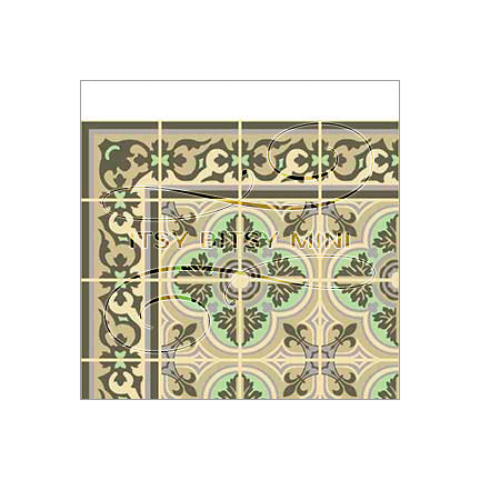 Green Encaustic Tile with Border - Dollhouse Wallpaper