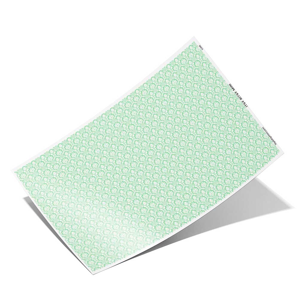 green damask peel-and-stick miniature dollhouse wallpaper 1:12 scale full sheet #color_lightgreen