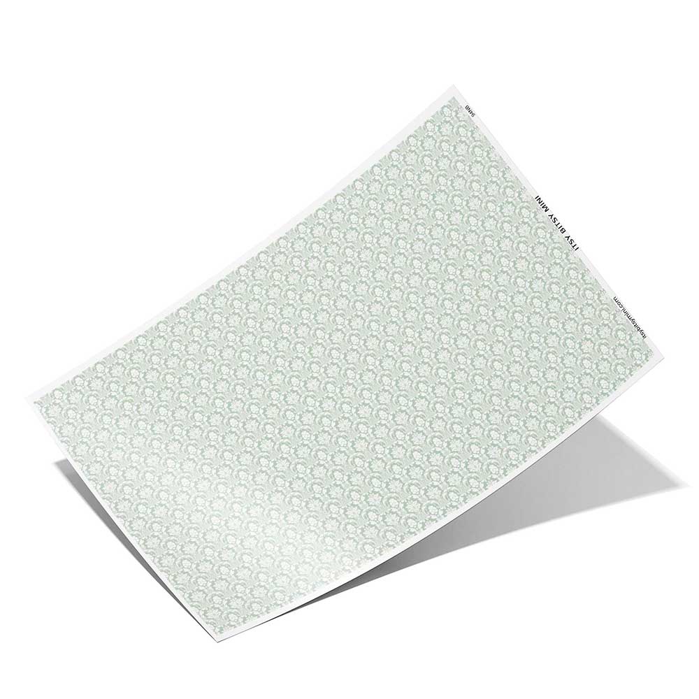dark green damask peel-and-stick miniature dollhouse wallpaper 1:12 scale full sheet #color_darkseagreen