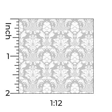 dark green damask peel-and-stick miniature dollhouse wallpaper shown with a ruler in 1:12 scale