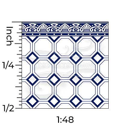 quarter inch scale navy blue octagon tile with border dollhouse wallpaper#color_navy