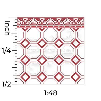 quarter inch scale red octagon tile with border dollhouse wallpaper#color_red