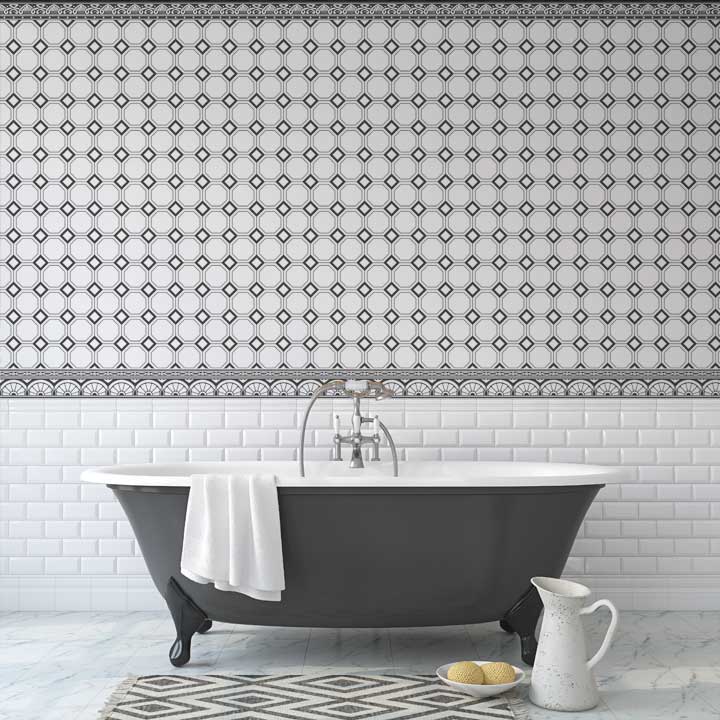 black bathtub dark gray octagon dollhouse wallpaper