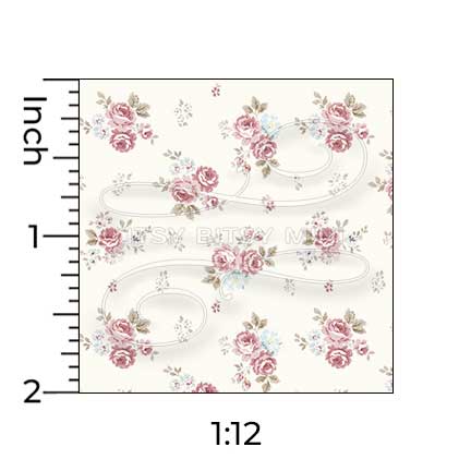 Pink floral dollhouse wallpaper design with one inch scale ruler on a white background #color_ivory