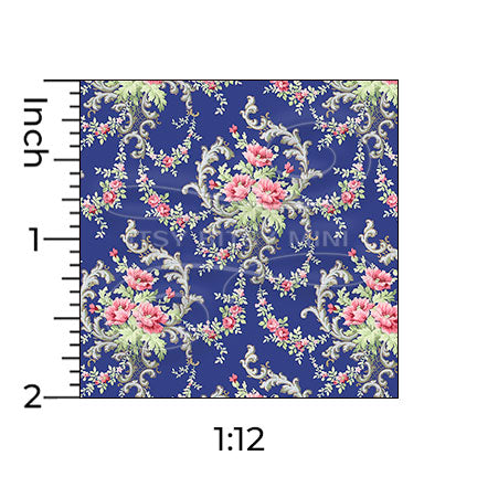 Brenda floral blue miniature dollhouse wallpaper shown with a ruler in 1:12 scale #color_blue