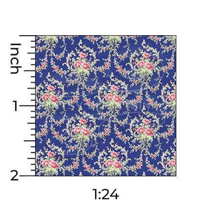 Brenda floral blue miniature dollhouse wallpaper shown with a ruler in 1:24 scale #color_blue