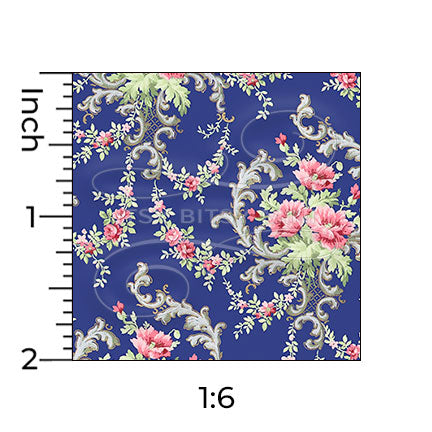 Brenda floral blue miniature dollhouse wallpaper shown with a ruler in 1:6 scale #color_blue