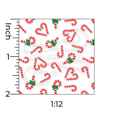 white candy cane hearts miniature dollhouse wallpaper shown with a ruler in 1:12 scale #color_white