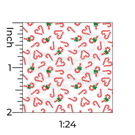 white candy cane hearts miniature dollhouse wallpaper shown with a ruler in 1:24 scale #color_white