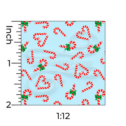 blue candy cane hearts miniature dollhouse wallpaper shown with a ruler in 1:12 scale #color_aqua