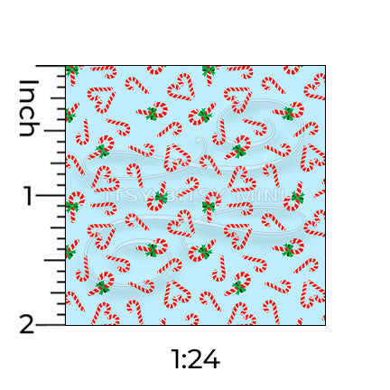 blue candy cane hearts miniature dollhouse wallpaper shown with a ruler in 1:24 scale #color_aqua