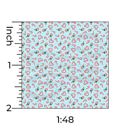 blue candy cane hearts miniature dollhouse wallpaper shown with a ruler in 1:48 scale #color_aqua