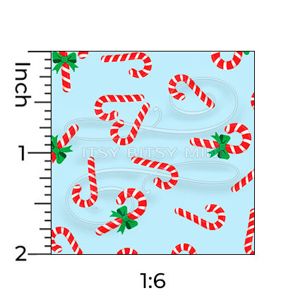 blue candy cane hearts miniature dollhouse wallpaper shown with a ruler in 1:6 scale #color_aqua